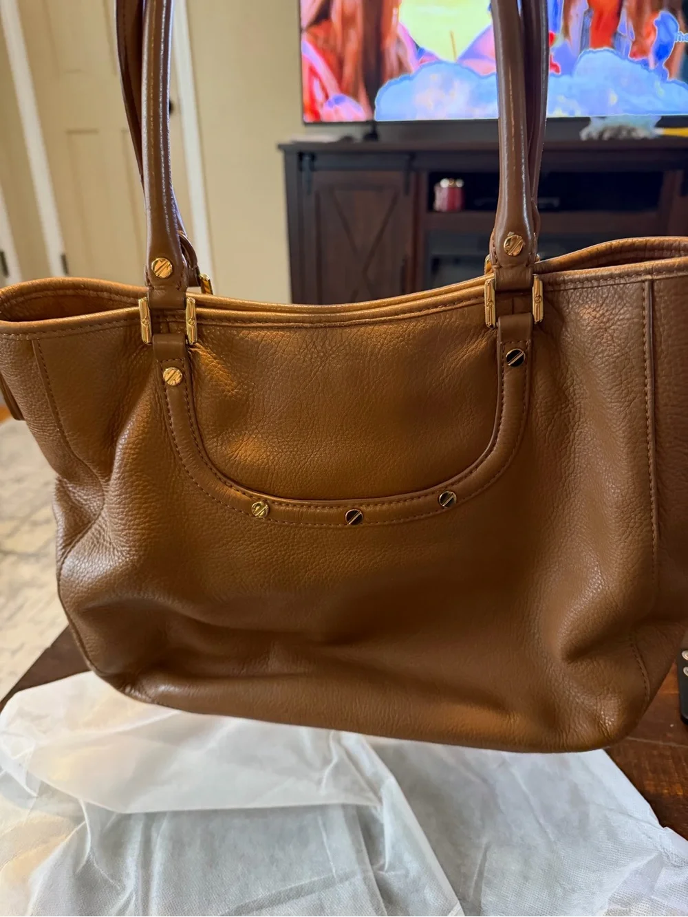 Tory Burch Tan Pebbled Leather Tote with Logo Medallion